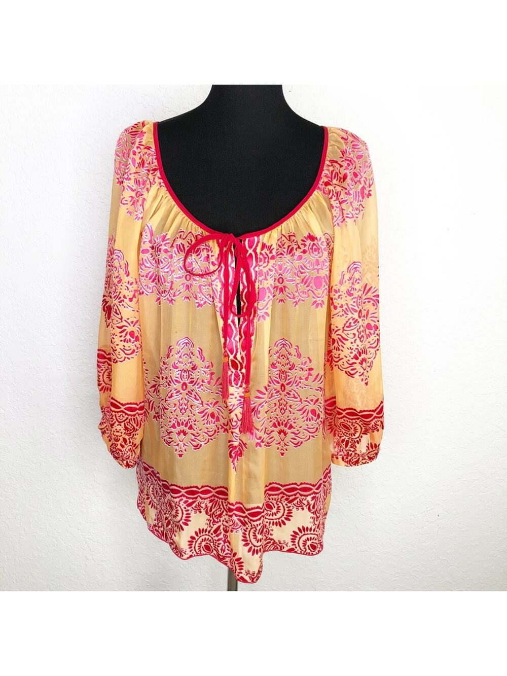 Hale Bob orange and pink sheer floral silk top size Large